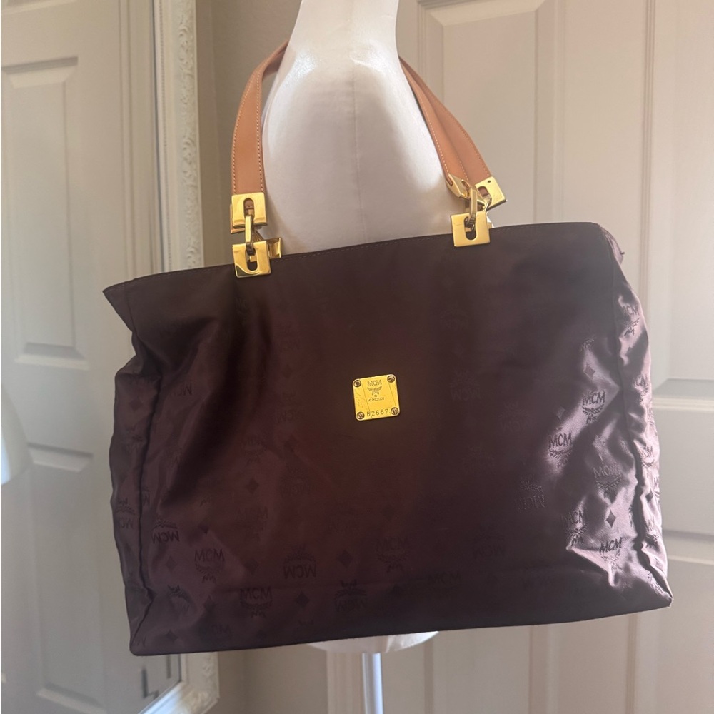 MCM Large Visetos Nylon Shoulder Tote Bag Authentic Brown w/Gold Hardware GUC